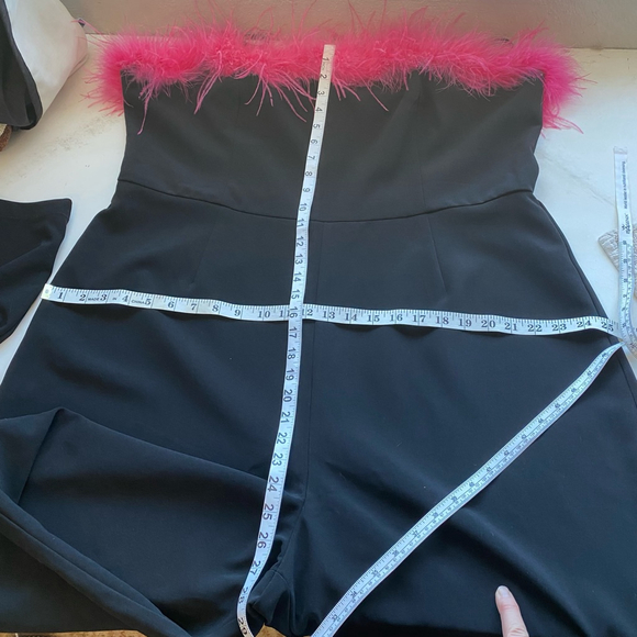 Nasty Gal Black Jumpsuit Hot Pink Feather Trim - Picture 3 of 16